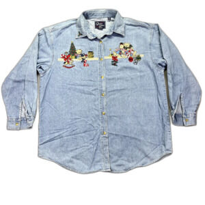 Quizz Again Shirt Womens Sz L Kittens Butterfly Blue Denim Long Sleeve Button Up